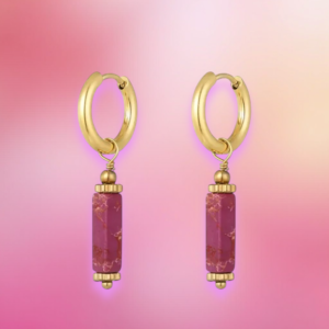 Oorbellen RVS, met roze Hematiet steen