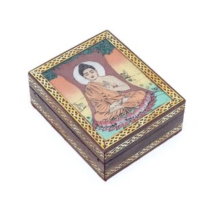 Mangohouten kist zandtekening Boeddha onder Bodhi boom