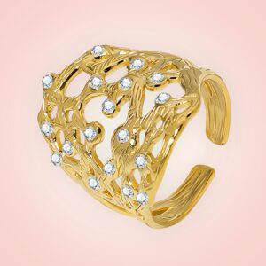 Ring met cubuc zirconias, 18 K gold plated Stainless Steel