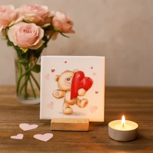 Tegeltje van Keramiek, een schattig "hou van je beertje" met rood hart