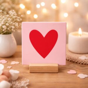 Tegeltje Keramiek, roze met rood hart